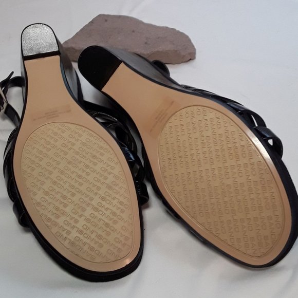 BANDOLINO Black Patent Leather Sling Back Platform Wedge Sandals SZ 8 - NWOB - Picture 4 of 5